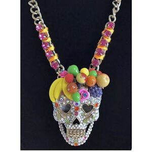Vintage y2k rare betsey johnson fruit skull pave cosplay glam Statement Necklace